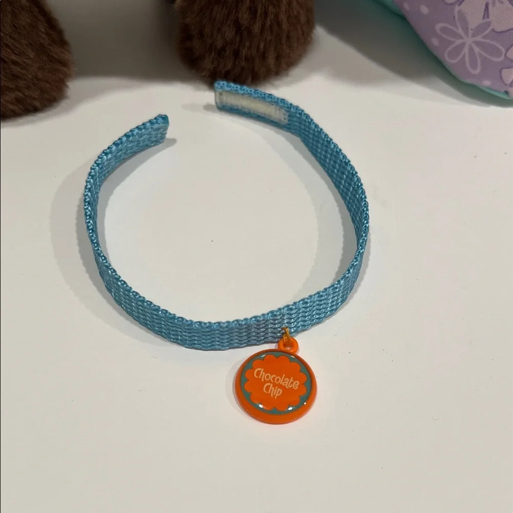 American Girl Brown Plush Dog with Teal and Purple Bed